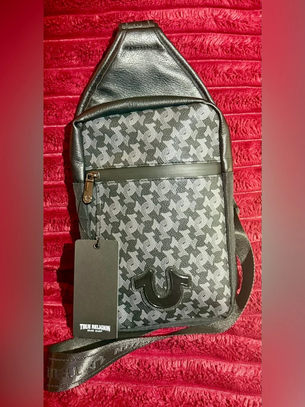 True Religion Black & Gray Patterned Sling Bag